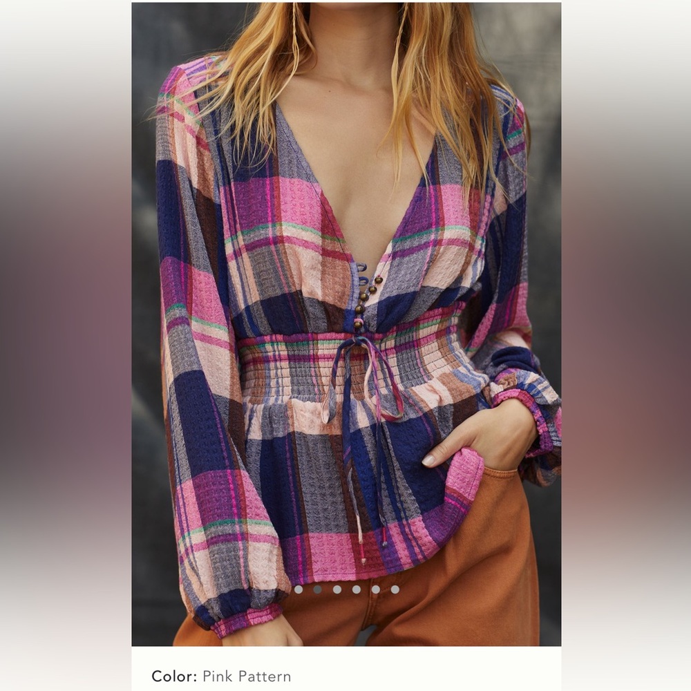 Anthropologie Pilcro Plaid Deep V Blouse w peplum
